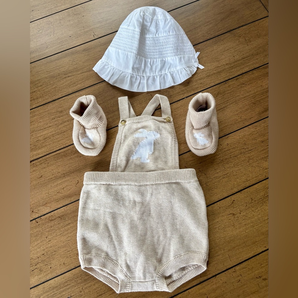 Janie and Jack Baby Bunny Sweater Romper, Booties, & Smocked Bonnet, Size 6-12